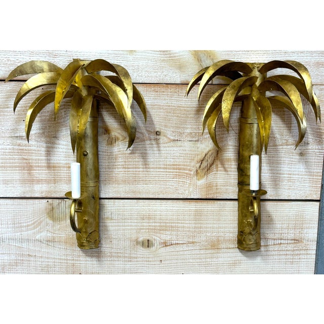 Bronze Pair Jansen Style French Gilt Tôle Palm Tree Two-Light Wall Sconces, Circa 1960s For Sale - Image 8 of 11
