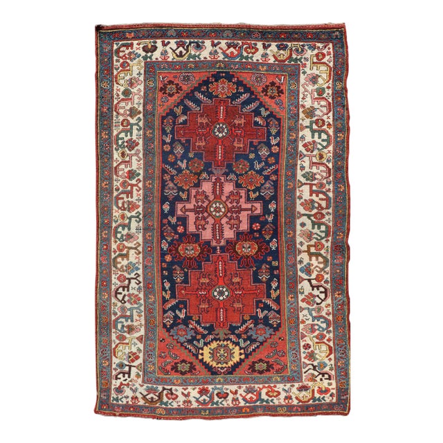 Antique Persian Kurdish Rug With Medallion Design in Blue, Red, and Ivory For Sale