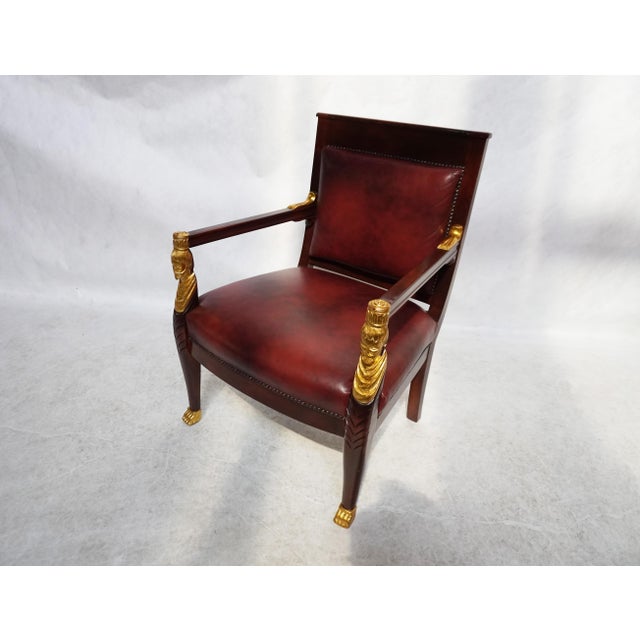 Mid 20th Century Red Leather Empire Style Armchair With Gilded Figures For Sale - Image 4 of 11