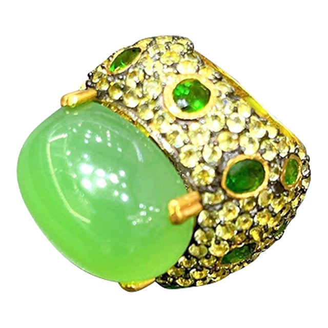 Bochic “Orient” Peridot, Penite & Multi Gems 18k Gold & Silver Cocktail Ring Size 7.5 For Sale