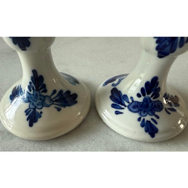 Ceramic Pair of Vintage Porcelain Hand Painted Blue and White Delft Candle Holders For Sale - Image 7 of 10
