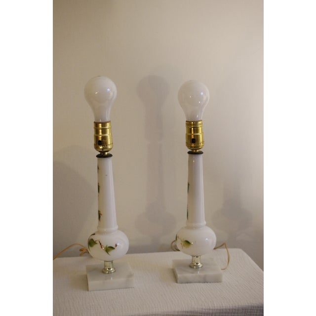Mid Century Italian Marble & Hand-Painted Blown Milk Glass Table Lamps With Original Shades - A Pair For Sale - Image 9 of 12