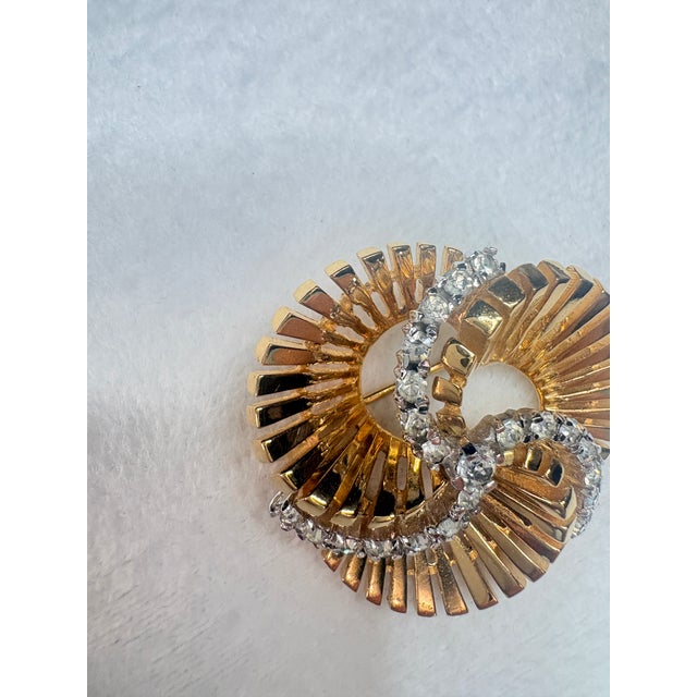 Mid-Century Modern Mid‑Century Jomaz Gold‑Tone Architectural Medallion Brooch With Crystal Crescent For Sale - Image 3 of 6