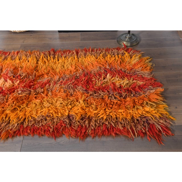 1970s Vintage Handmade Wool Cotton Orange Red High Pile Runner Rug For Sale In San Francisco - Image 6 of 11