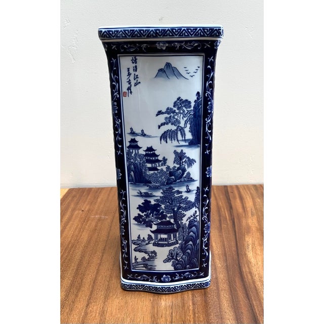 18” Tall Square Blue and White Chinoiserie Ceramic Vase For Sale In San Diego - Image 6 of 10