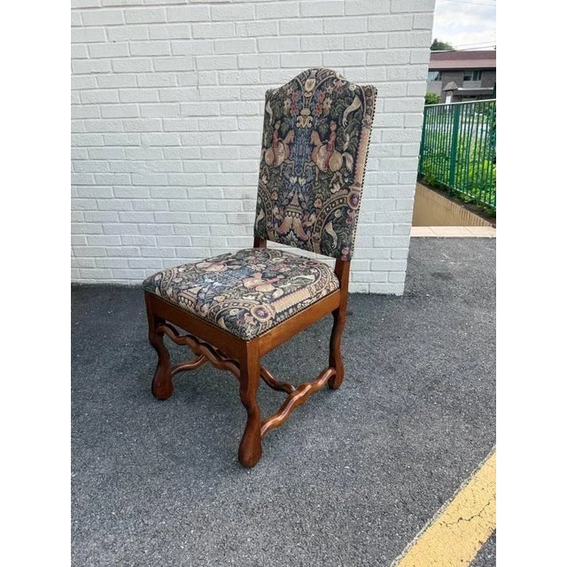 Brown Pair of Vintage French Style Hand Pegged Mutton Leg Tapestry Upholstery Chairs. For Sale - Image 8 of 11