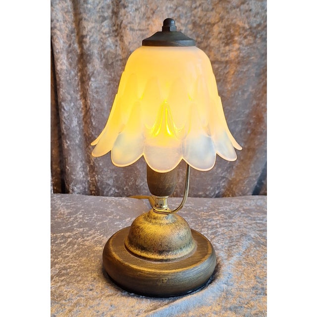 Metal Vintage Table Lamp with Metal Base and Relief Glass Shade, 2000s For Sale - Image 7 of 7