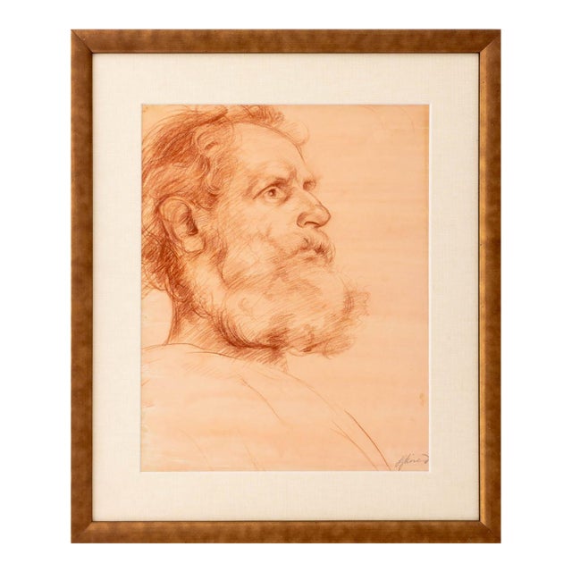 European School Bearded Man Conte Crayon, 19th C. For Sale