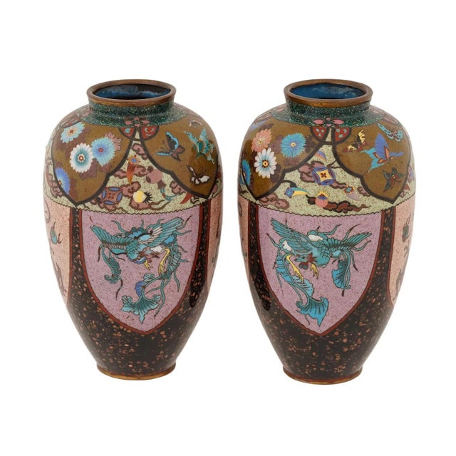 Japanese Pair of Japanese Cloisonne Enamel Pink & Purple Vases Phoenix Dragon Goldstone For Sale - Image 3 of 7