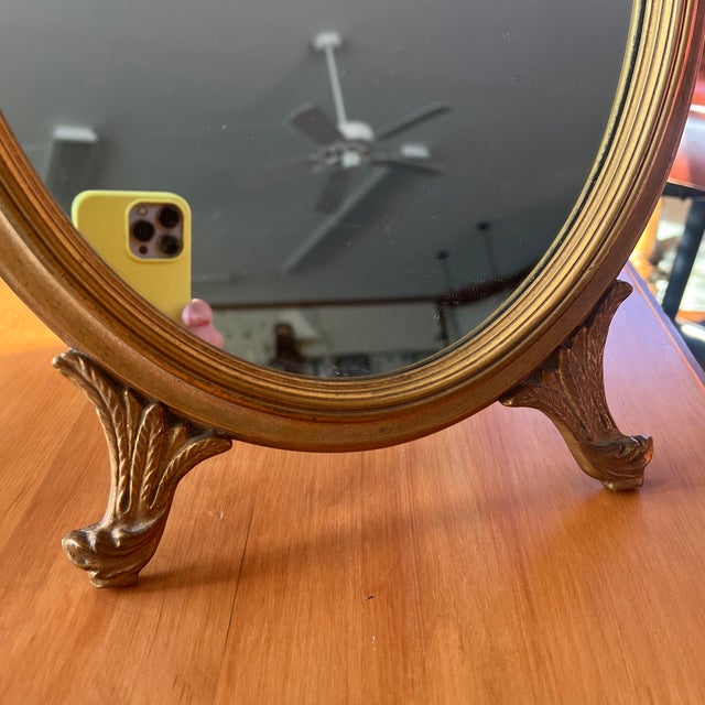 Wood 1920s Art Deco Gilded Gold Footed Vanity Mirror For Sale - Image 7 of 9