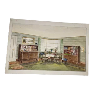 L Weber 1920’s Art Deco Watercolor of Interiors With a Dining Nook & Other Accessories