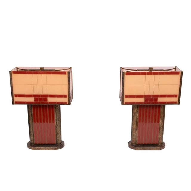 Beautiful pair of Art Deco style rare Table lamps . The shade of this lamp is all Glass in Two Tone color . The base is...