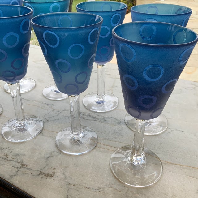 Vintage Murano Blue Raised Circle Wineglasses Attributed to Mario Badioli - Set of 9 For Sale In Los Angeles - Image 6 of 10