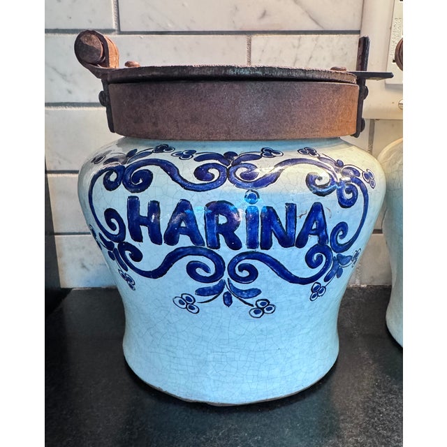 Three Mexican Glazed Pottery Cannisters for Arroz, Harina and Azucar, with Iron Hinged Lid. In the Talavera Mexico Style....