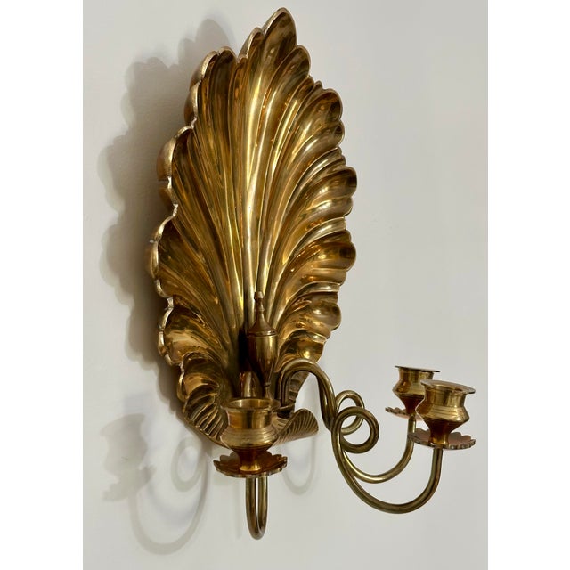 Italian Hollywood Regency Brass Shell Back Three-Arm Wall Sconces - A Pair For Sale In Detroit - Image 6 of 8