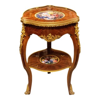 French Louis XV Side Table – Floral Inlay Top With Hand-Applied Gold Leaf Details For Sale
