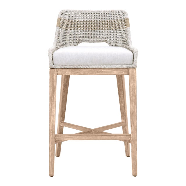 Tapestry Grey Mahogany Barstool, Taupe Stripe & Taupe/White Rope For Sale