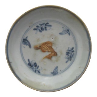 Chinese Ming Fish Relief Plate Saucer Hongzhi Zhengde Antique Blue Porcelain For Sale