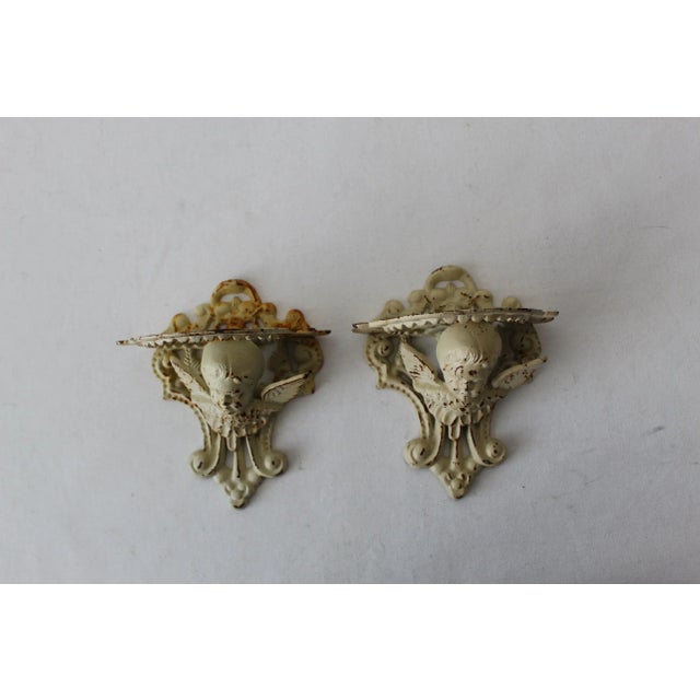 Cast Iron Cherub Angel Putti Victorian Style Brackets Accent Wall Shelves -a pair Off white color with patina
