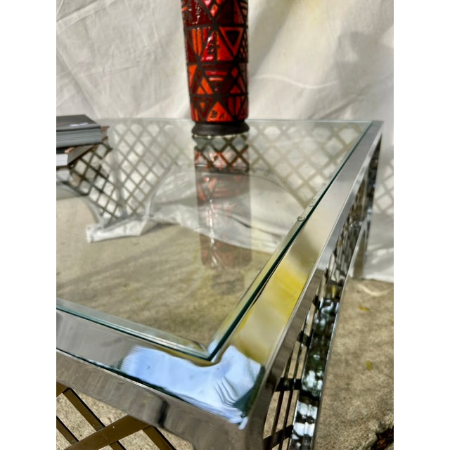 1970s Hollywood Regency Two-Tone Chrome & Brass "Cloister" Square Cocktail Table Attributed to Mastercraft For Sale - Image 9 of 9