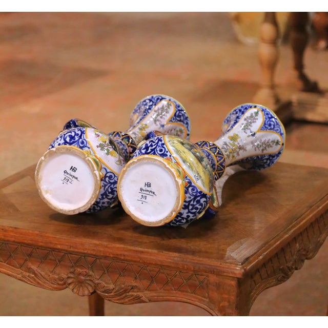 Pair of 19th Century French Hb Quimper Hand Painted Faience Tall Neck Vases For Sale - Image 14 of 16