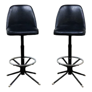 Mid-20th Century MCM Adjustable Swivel Barstools Black Vinyl Chrome & Black Painted Steel a Pair