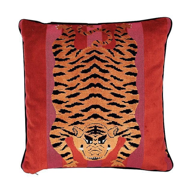 Schumacher Schumacher X Johnson Hartig Jokhang Tiger Velvet 18" Pillow in Red & Pink For Sale - Image 4 of 4