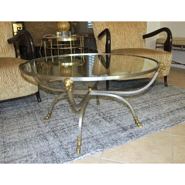 1960's Vintage Jansen Style Italian Brass Steel Round Coffee Table For Sale - Image 9 of 13