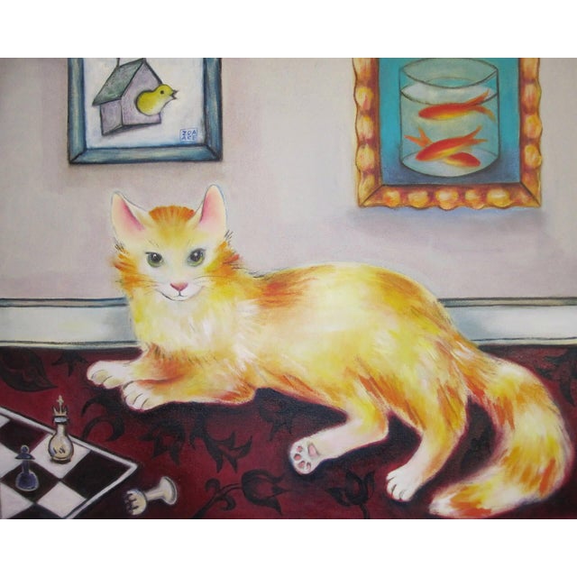 Smarter than you Think by Zoa Ace | Oil Painting of an orange cat in a room with a chessboard For Sale