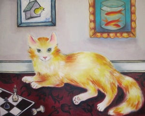 Smarter than you Think by Zoa Ace | Oil Painting of an orange cat in a room with a chessboard