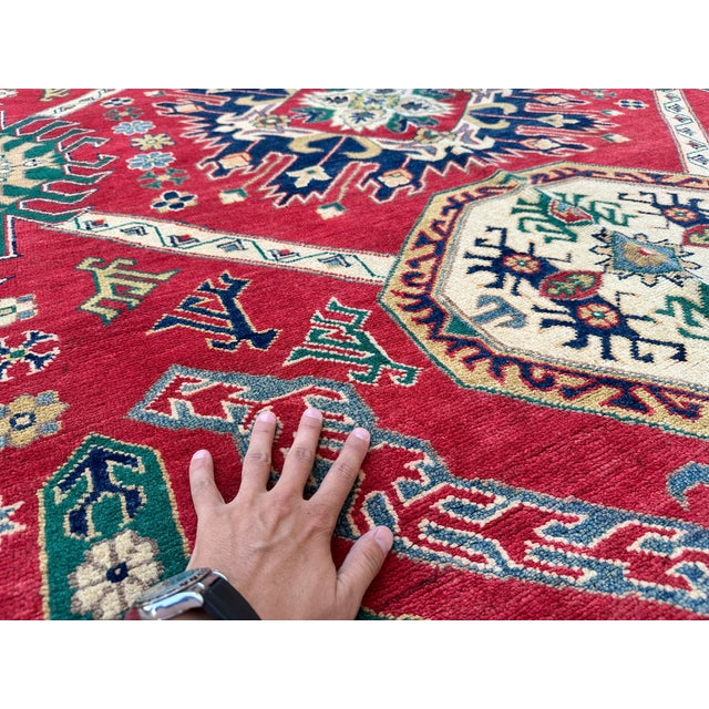 Red Karachov Kazak Hand-Knotted Wool Rug - 9'6" X 10'4" For Sale - Image 6 of 12
