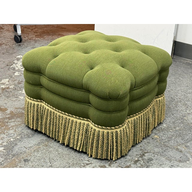 Design Plus Gallery presents a Green Tufted Ottoman with Bullion Fringe. This square ottoman has deep button tufting,...
