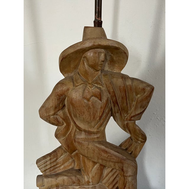Mid-Century Modern 1930's Heifetz Art Deco Hollywood Regency Carved Wood Figural Table Lamp For Sale - Image 3 of 11
