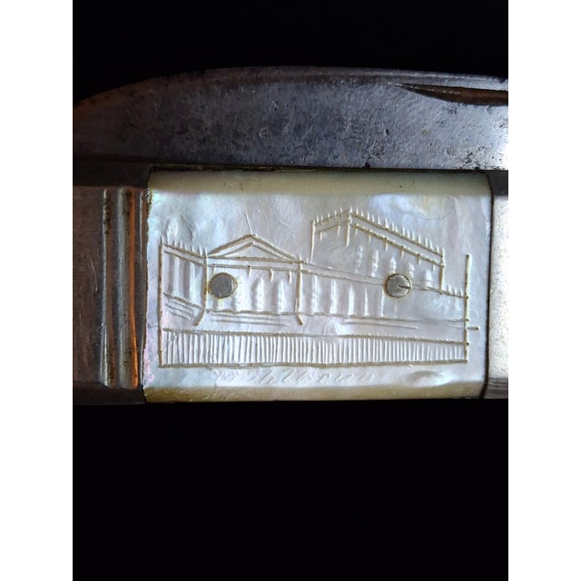 Silver Rare Antique Mother of Pearl Folding Challah Knife Karlsbad Judaica Jerusalem Temple Engraved For Sale - Image 8 of 18