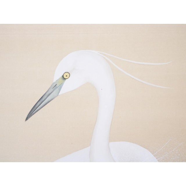 Champagne C. 1970s Japanese Style Monochrome Silk Screen "Egrets and Moon" For Sale - Image 8 of 18