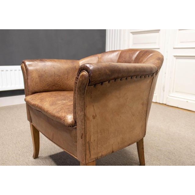 Art Nouveau Swedish Club Chair in Brown Leather, 1940s For Sale - Image 4 of 11