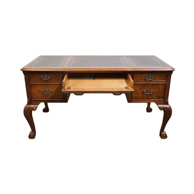 Late 20th Century Hekman Furniture Solid Walnut Traditional Chippendale Style 58" Writing Desk W. Tooled Leather Top For Sale - Image 5 of 13