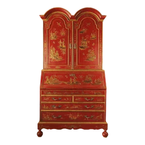 Vintage 20th Century Chinoiserie Red Hand Painted Secretary Cabinet.