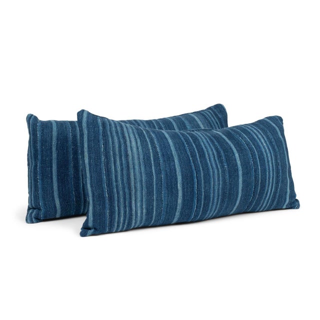 Large Faded Indigo Tone-On-Tone Striped Lumbar Cushion For Sale - Image 9 of 11