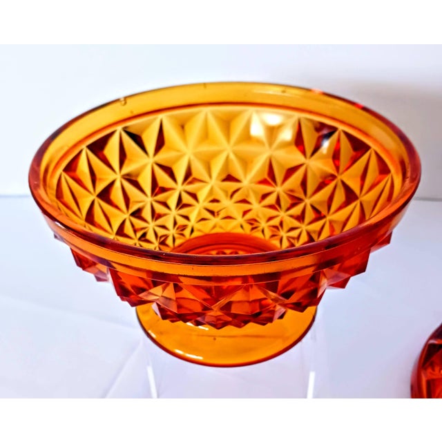 Beautiful Footed Amberia Heavy Vintage Glass Diamond Point Pattern Pressed Glass Covered Candy Dish This early mid century...