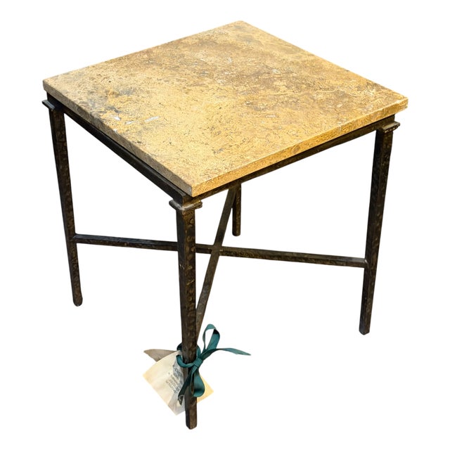 Giacometti Style Paul Ferrante Marble Top SquareWrought Iron Side Table For Sale