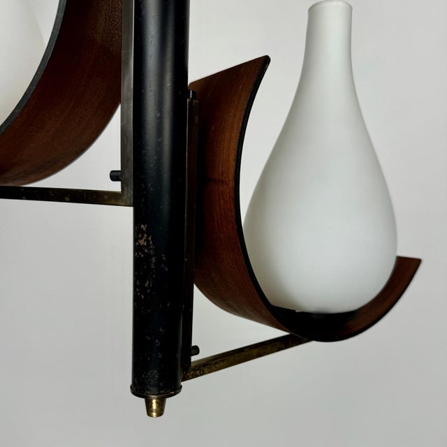 Black Pendant Light in Teak with Milk Glass and Brass, 1960s For Sale - Image 8 of 10