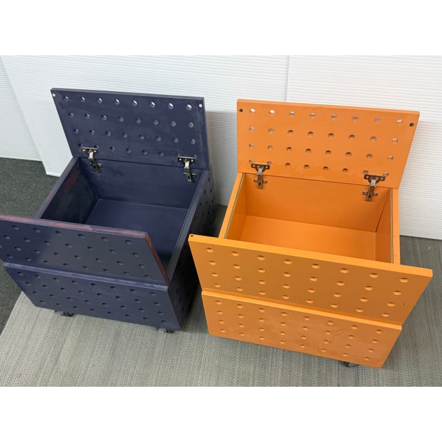 Postmodern Purple + Orange Peg Board Storage Tables on Casters, Set of Two For Sale - Image 3 of 12