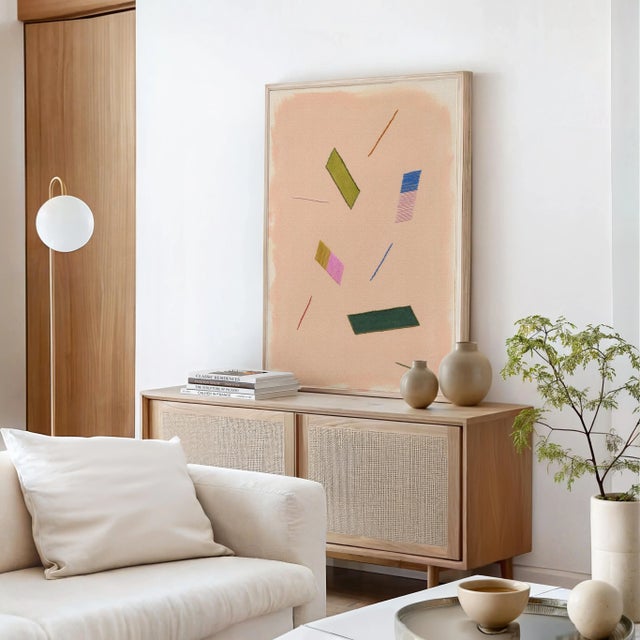 Contemporary Blush Pink Playful Abstract 'Confetti' Art Print, Geometric Shapes, 38 X 30 Print in Wood Frame For Sale - Image 3 of 4