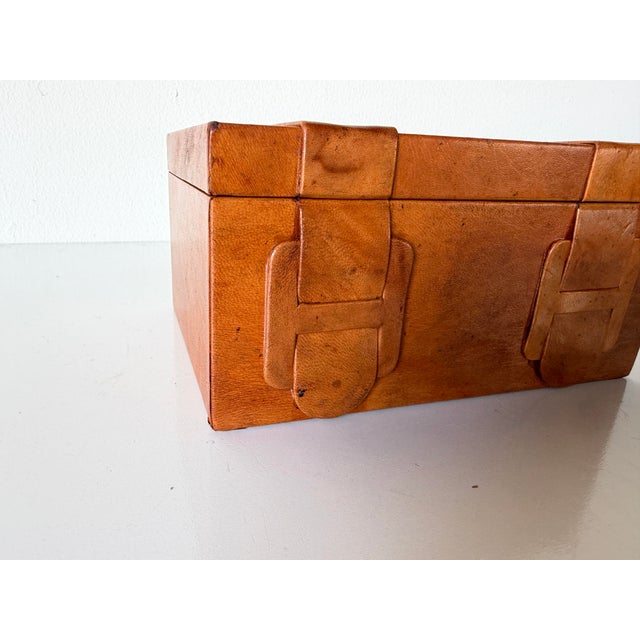 Vintage Brown Leather Decorative Box With Geometric Strap Detail For Sale - Image 4 of 12