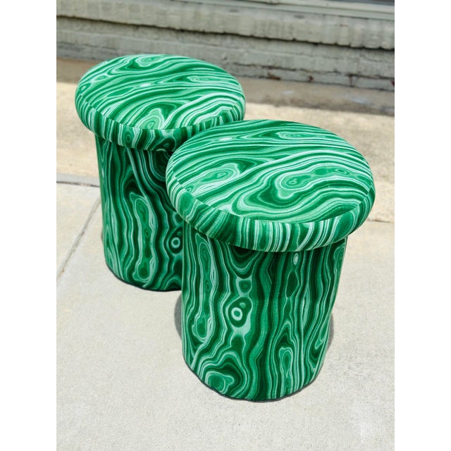 These fun mushroom stools are striking in the vibrant green malachite fabric. Comfortable extra seating, these are great...