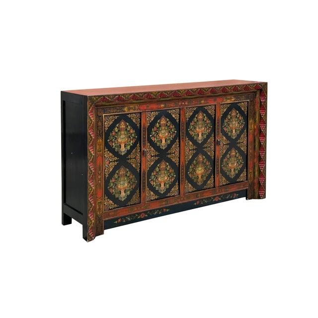 Wood Tibetan Style Jewel Treasure Bowl Graphic Credenza Storage Cabinet For Sale - Image 7 of 12