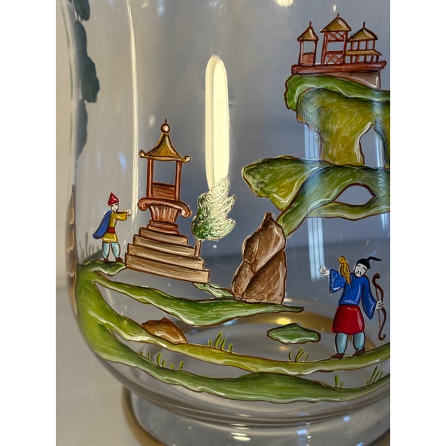 Mid Twentieth Century Hand Painted Chinoiserie Glass Hurricane Vases, a Pair For Sale - Image 4 of 7