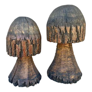 Vintage Folk Art Hand Carved Oak Mushroom Statues, Pair