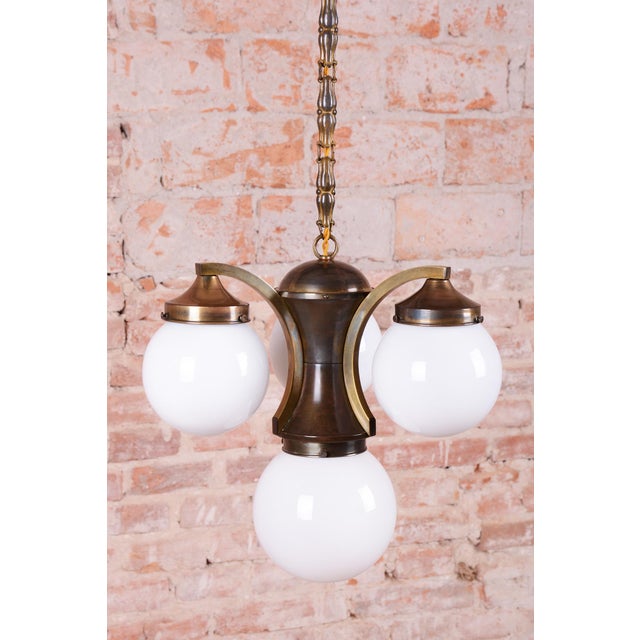Art Deco Dissociative Chandelier in Brass and Opaline Glass, Czech, 1920s For Sale - Image 9 of 15